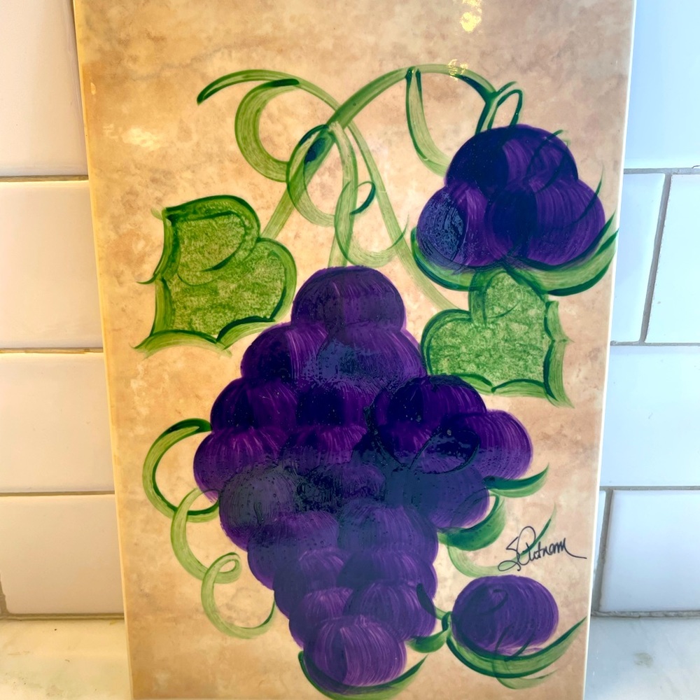 Hand Painted Grapes on Large Tile Trivet Signed S Putnam 8" x 12"